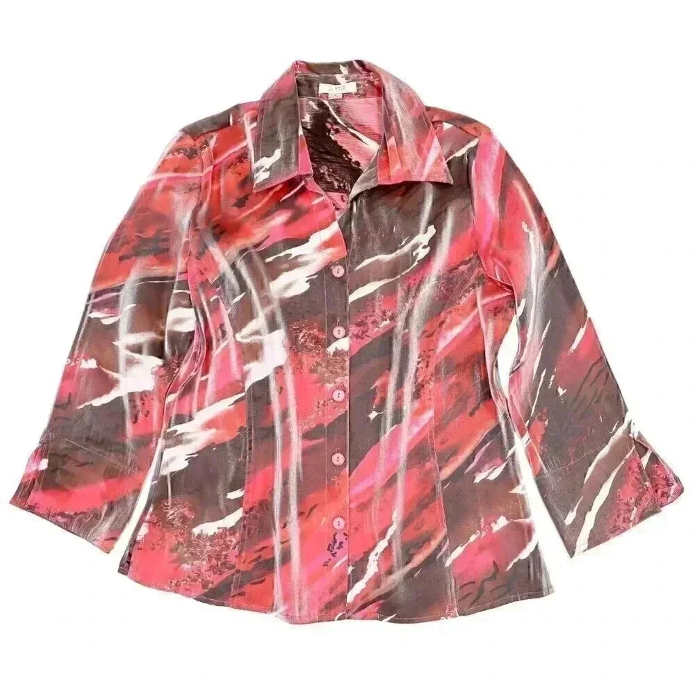 90s Red & Pink Abstract Shimmer‎ Blouse Size Medium Collared Button Down Shirt